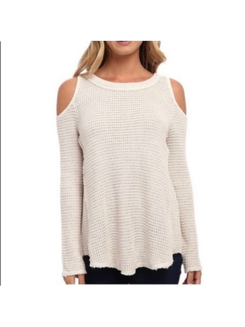 Free People Cream Cold-Shoulder Waffle Knit Sweater
